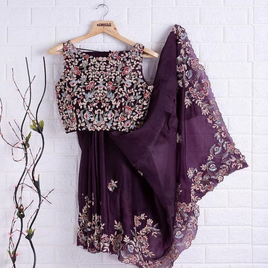 Eggplant Color Rangoli Silk Embroidery Work Saree