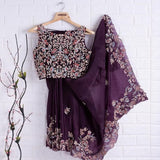 Eggplant Color Rangoli Silk Embroidery Work Saree
