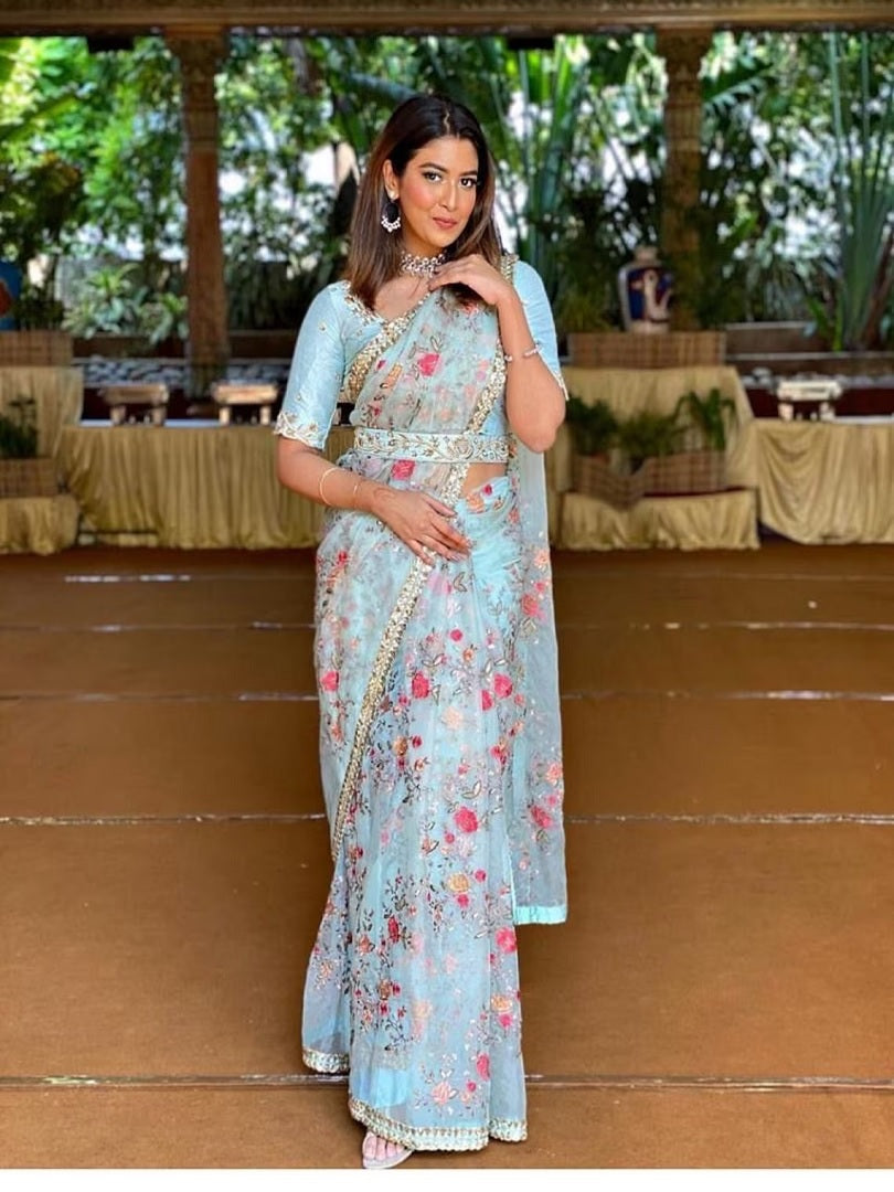 Sky Blue Color Khadi Organza With Floral And Sequence Work Saree
