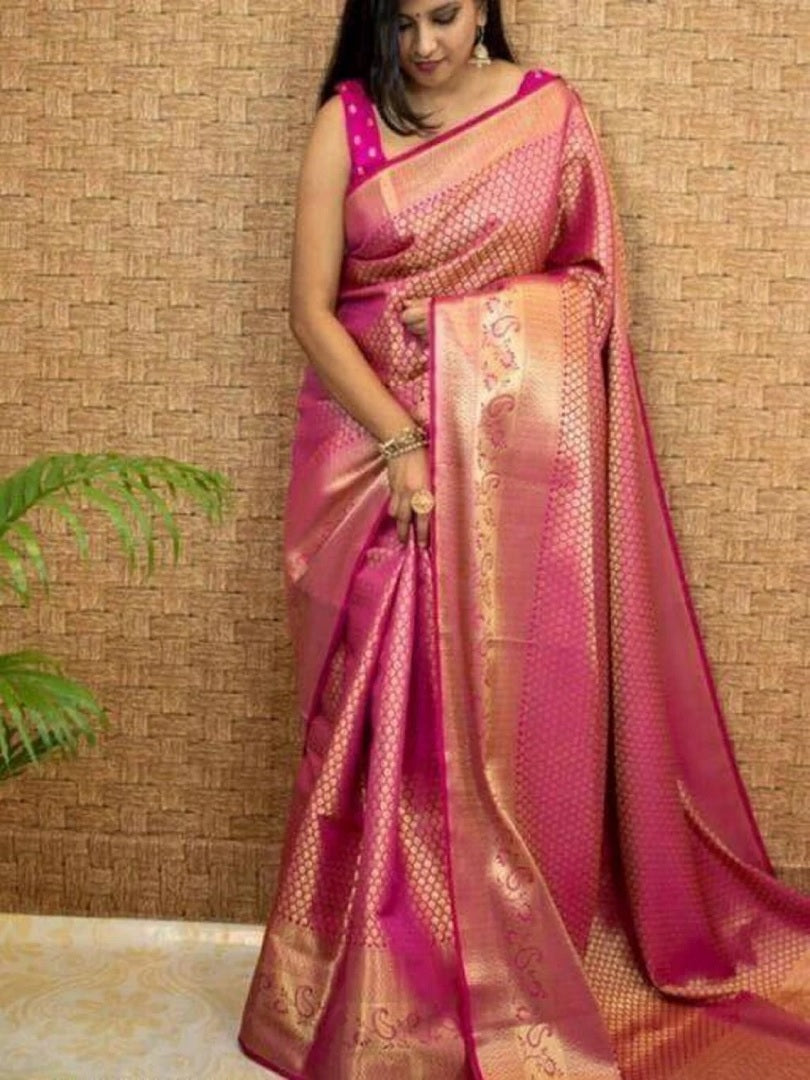 Pink Color Lichi Silk Saree with Unstitched Blouse