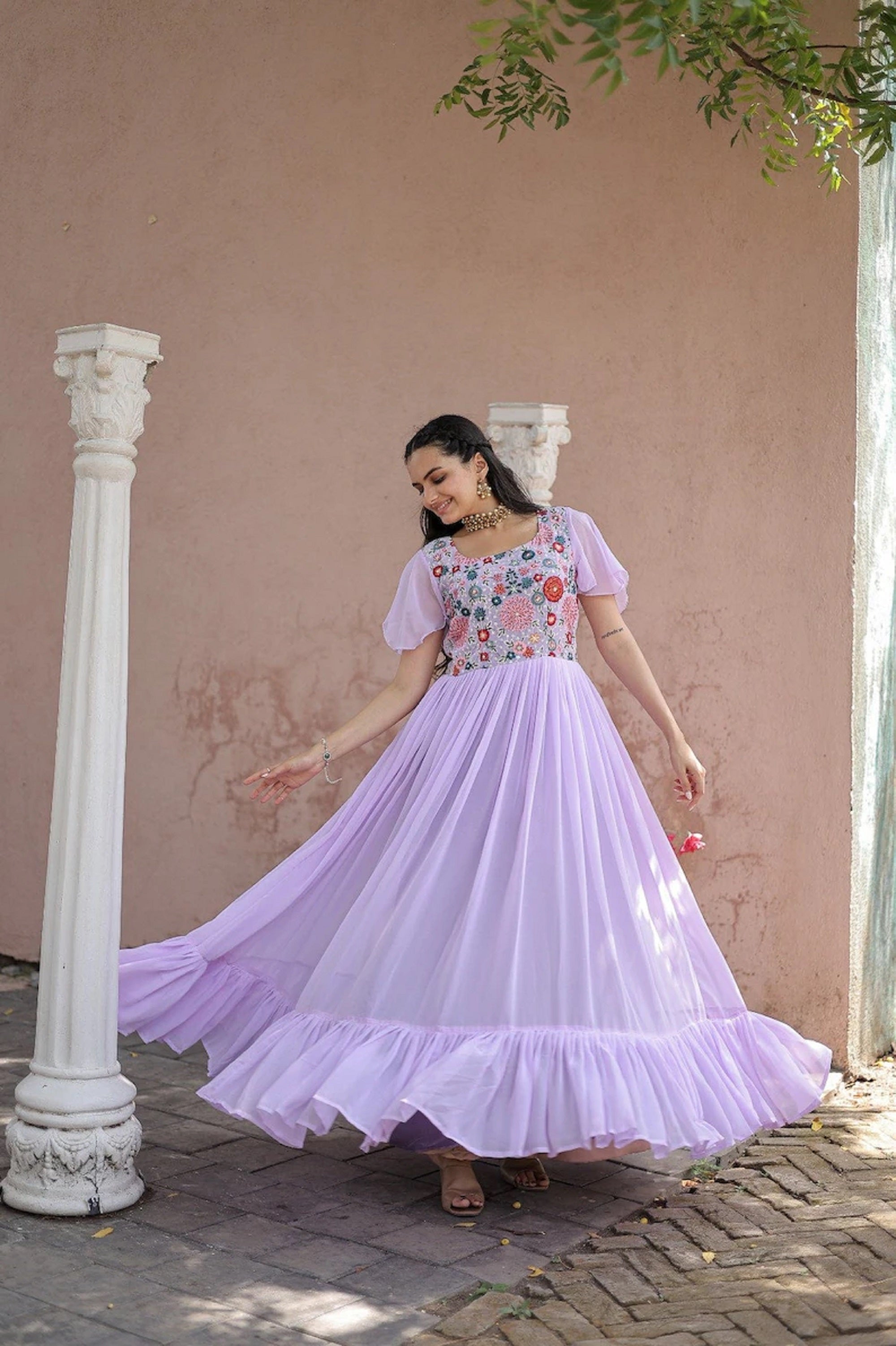 Traditional Fancy Latest Ethnic Indian Readymade Faux Georgette Long Anarkali Flair Gown Dress 13-SR51 image 1