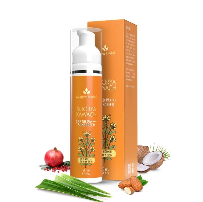 Avimee Herbal Soorya Kawach Sunscreen SPF 50 PA++++ No White Cast, Non Greasy, Light Weight 50 ML
