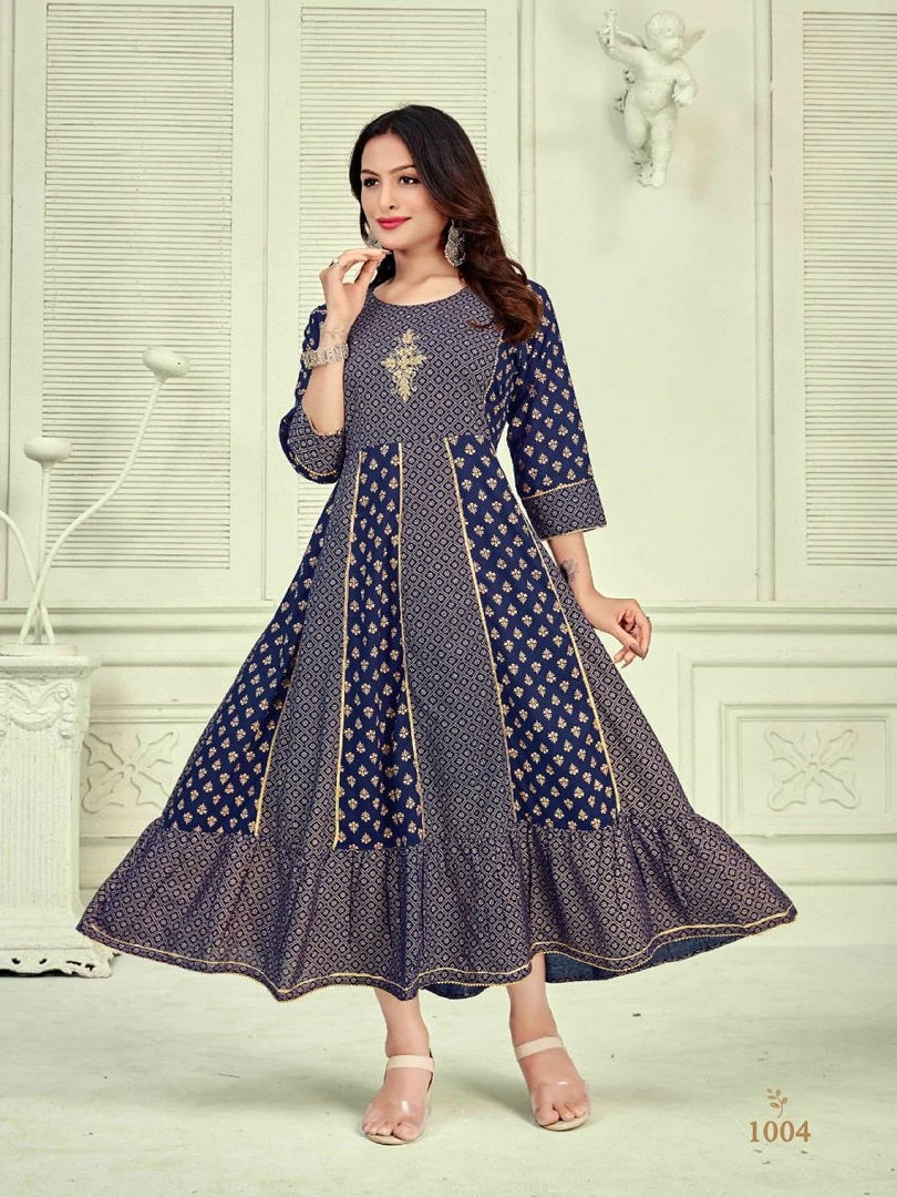 Latest Designer Party Wear 14Kg Rayon Foil Print Flair Gown 13-SR8