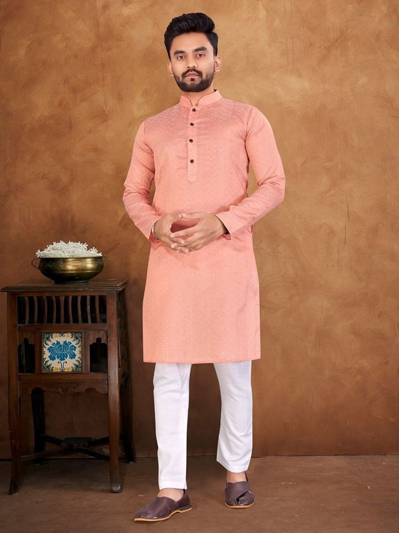 Men's Solid Straight Jacquard Silk Kurta Cotton Pyjama Set Kurta for Men