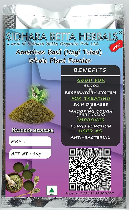 Sidhara Betta Herbals American Basil (Nayi Tulasi) Whole Plant Powder - 15 gms