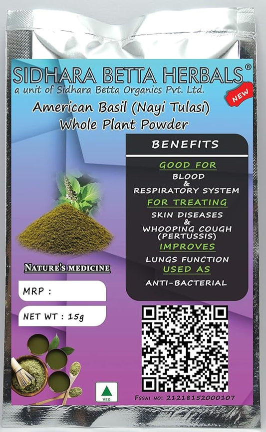 Sidhara Betta Herbals American Basil (Nayi Tulasi) Whole Plant Powder - 15 gms