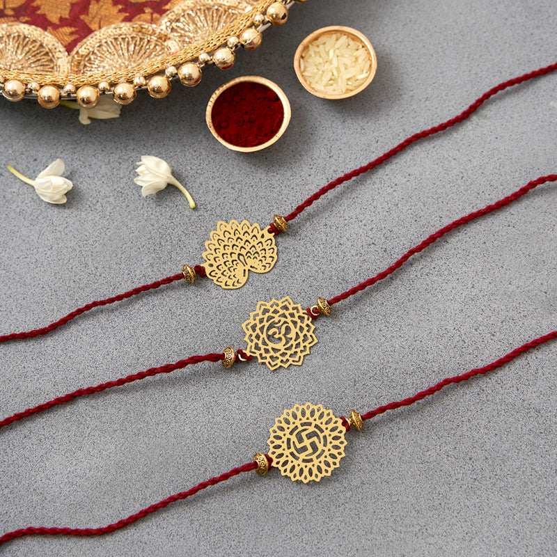 Brass Peacock, Om & Swastik Rakhi Cum Keychain Cum Bookmark | Set of 3