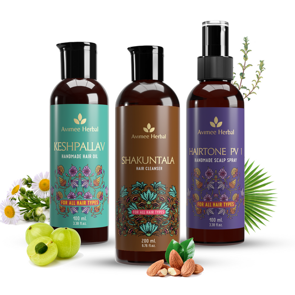 Avimee Herbal Keshpallav Hair Oil & Hairtone PV 1 Scalp Spray & Shakuntala Hair Shampoo